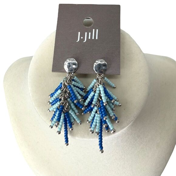 J. Jill Beaded Earrings Blue Layered Fringe Hammered Post Drop Dangle Party NWT - Picture 2 of 6